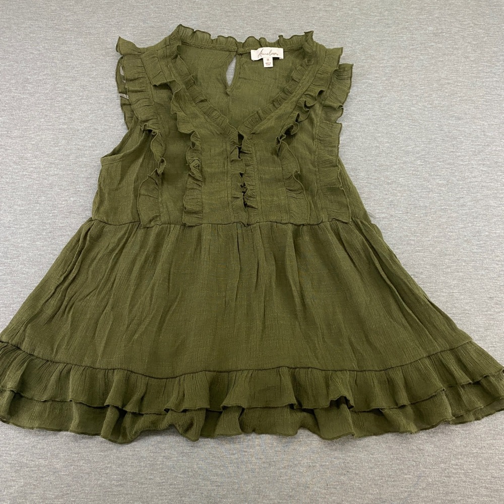 Anneliese Ruffle Babydoll Coquette Top Womens Size M Olive Green Sleeveless Boho